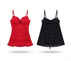 (FV-2154) Y2K Red & Black Lace Babydoll Lingerie B..