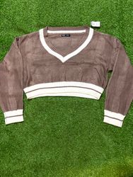 Women's Brown Cable Knit V-Neck Cropped Sweater