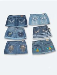 denim mini skirt rhinestone pockets(VM-128