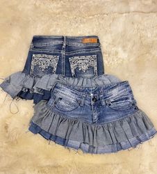 Upcycled Y2K Denim Ruffle Mini Skirt