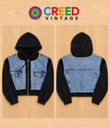 CR2286 UPCYCLED DENIM PANEL ZIP HOODIE