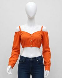 CR1926 Upcycled Off-Shoulder Button-Front Cropped ..