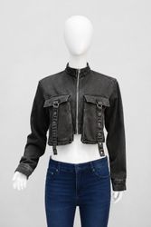 CR2227 UPCYCLED BLACK DENIM UTILITY CROP JACKET