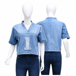 CR2147 UPCYCLED DENIM VARSITY CROP TOP