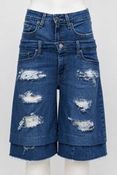 CR2211 UPCYCLED DOUBLE-WAIST DISTRESSED DENIM JORT..