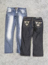 **Y2K Embroidered Skinny Capri Jeans – Mixed Denim