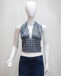 CR1945 UPCYCLED PLAID HALTER CORSET TOP