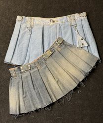 Upcycled Y2K Denim Pleated With Belt Mini Skirt