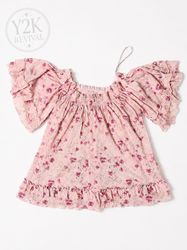 Y2K Pink Floral Ruffle Sleeve Babydoll Top