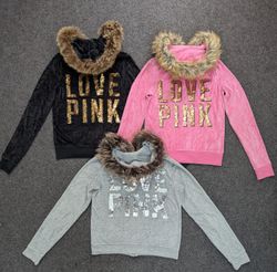 Pink & Bebe Velour Fur Hooded Zip Hoodies | Women'..
