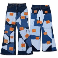 CR1976 UPCYCLED LABEL PATCHWORK WIDE-LEG JEANS