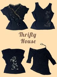 Retro 2000s Black Embroidered Tops(TH/546)