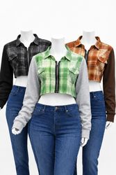 CR01284 Upcycled Check Flannel Cropped Zip Jackets