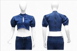 CR2004 Upcycled Denim Puff Sleeve Cropped Blouses