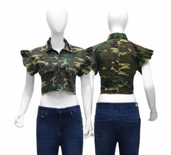 CR2029 UPCYCLED CAMO RUFFLE CROPPED SHIR..