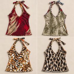 Y2k Upcycled wild in jungle Printed Halter Tops