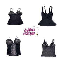 Y2K Vintage Black Lace & Mesh Cami Tops | Gothic C..