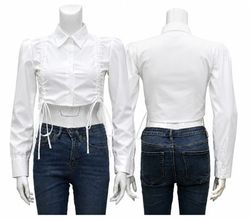 CR2056 Upcycled Ruched Side-Tie Cropped Shirt