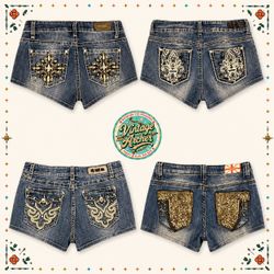 Retro Rhinestone & Sequin Denim Low Rise Shorts Bu..