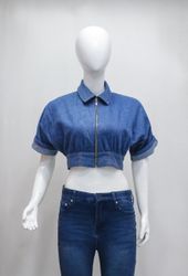 CR2218 UPCYCLED DENIM CROPPED ZIP BLOUSE