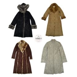 Vintage Y2K Long Faux Suede Fur Trim Coat Bundle “..