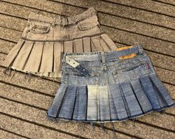 Upcycled Denim Pleated With Belt Mini Skirt