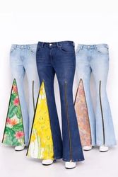CR2180 Upcycled Zip-Panel Flare Denim Pants
