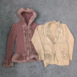 ***Y2K Faux Fur Knitwear Zip Up – Women’s Tops