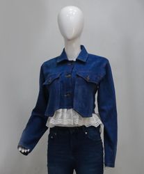 CR2252 UPCYCLED DENIM LACE-HEM CROP JACKET