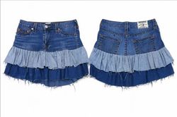 CR01675 Upcycled Denim Layered Ruffle Mini Skirts