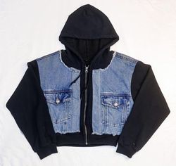 CR2286 Upcycled Denim Panel Cropped Hoodies