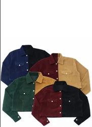 CR1154 Upcycled Corduroy Two-Tone Button-Up Croppe..