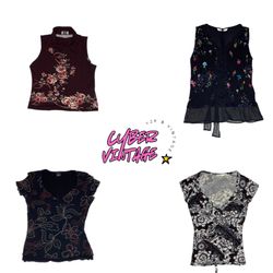 Y2K Black Embroidered Sheer Tie Front Sleeveless T..
