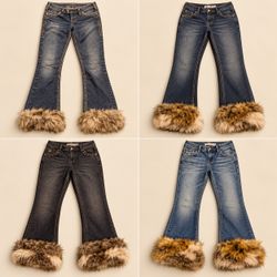 Y2K Faux Fur-Trimmed  Upcycled  Flare Jeans