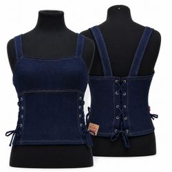 CR2070 UPCYCLED CORSET LACE-UP DENIM CAMISOLE TOP