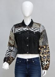 CR2230 UPCYCLED ANIMAL PATCHWORK DENIM CROP JACKET