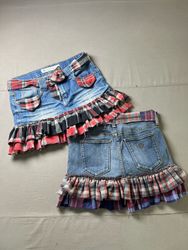 Upcycled Y2K Denim & Flannel  Ruffle Mini Skirt
