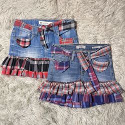 Upcycled Y2K Denim & Flannel Ruffle Mini Skirt