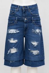 CR2211 Upcycled Distressed Double-Waist Denim Jort..