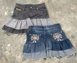 Upcycled Y2k Denim Ruffle Mini Skirt