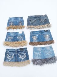 Y2K Fur Trimmed Denim Mini Skirt Bundle / Cyber Gr..
