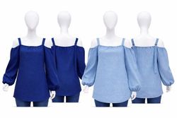 Blusa con spalle scoperte in denim riciclato CR144..