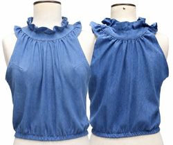 CR02035 Upcycled Denim Ruffle Neck Halter Tops