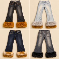Y2K Upcycled Faux Fur-Trimmed Flare Jeans