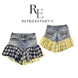 Upcycled Denim Plaid Frill Mini Skirt