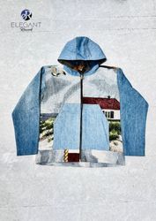 Upcycled Tapestry & Denim Hoodie Zipper - EVR0485