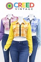 CR01358 Upcycled Plaid Cropped Zip-Front Jackets