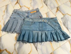 Upcycled Denim Pleated With Belt Mini Skirt