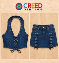 CR2278 UPCYCLED LACE-UP DENIM CO-ORD SET