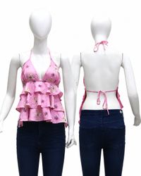CR1948 UPCYCLED TIERED RUFFLE HALTER TOP